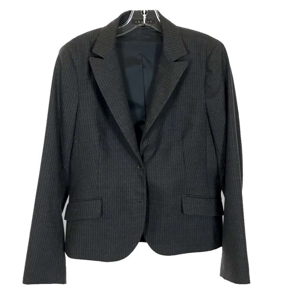 Womens Size 12 Theory Gray Rowan Striped Wool Blend Two-Button Blazer Jacket